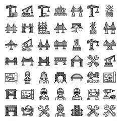 Naklejka premium Collection of construction engineering icons bridges cranes builders concrete mixer and tools for design infographic elements