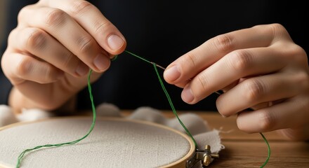 Female hands embroidering with green thread on fabric hoop