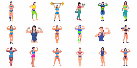 Flat Pixelated Muscular Woman Characters with Various Exercise Poses Illustration