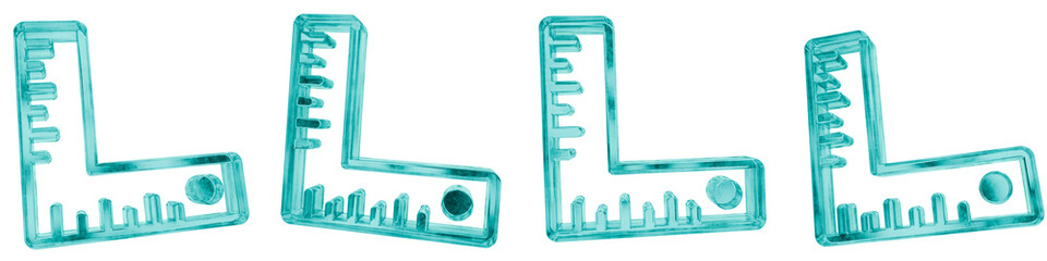 Set of four 3D measurement tool shapes in frosted blue ice glass style, isolated on a transparent background. Glassmorphism icons and 3D elements for modern graphic design.