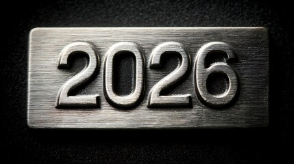 Macro close-up shot of brushed metal numbers forming 2026