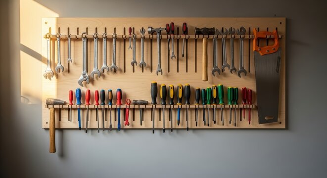 Organized tool board displaying wrenches, screwdrivers, and hand saw in a workshop