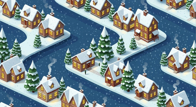 Whimsical winter village with snow-covered cottages and glowing windows, perfect for holiday greetings and festive backgrounds, creating a cozy, enchanting scene