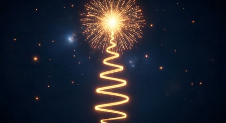 Bright golden spiral light trail ascends from a sparkling burst of light against a dark starry sky