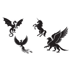 Dragon Unicorn Phoenix Griffin Logo Set vector
