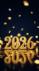 Golden 3d numbers of the year 2026 reflected on a dark surface with falling golden confetti