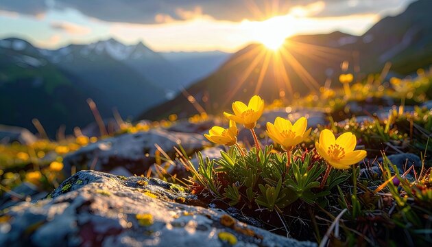 Close-up of vibrant yellow wildflowers in a rocky alpine meadow bathed in the warm glow of a setting sun, with blurred mountains in the distance.