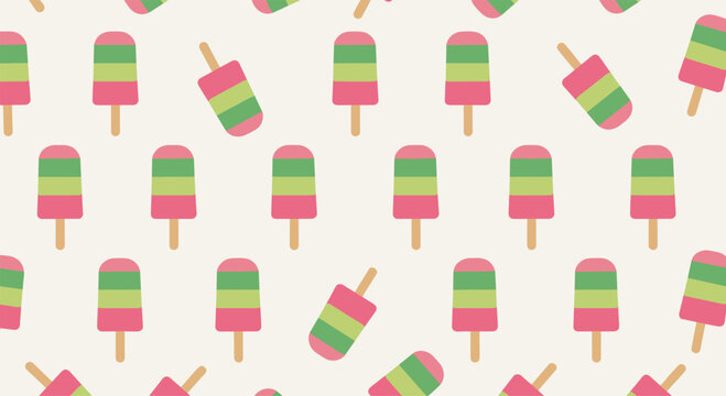 Seamless repeating pattern of colorful pink and green striped ice cream popsicles scattered on a light cream-colored background.