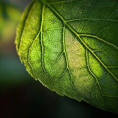 Closeup of a vibrant green leaf showcasing its intricate vein patterns and texture, illuminated by sunlight, creating a captivating natural scene