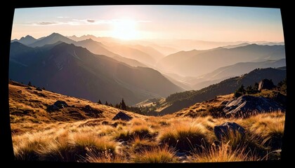 A breathtaking mountain landscape bathed in the warm glow of sunset, featuring layers of peaks and valleys covered in dry, golden grass.