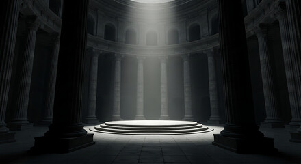 Dramatic light beam illuminating a mysterious ancient circular temple interior with numerous stone columns