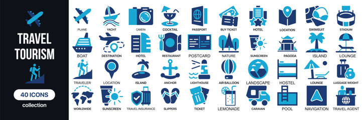 Travel And Tourism Icon Set – 40 Modern Flat Vector Icons for Vacation, Holiday, Navigation & Adventure Design