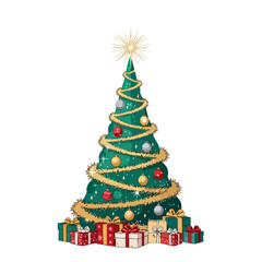 A cheerful cartoon Santa Claus holding a gift, standing by a decorated Christmas tree and a pile of presents.