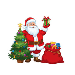 A cheerful cartoon Santa Claus holding a gift, standing by a decorated Christmas tree and a pile of presents.