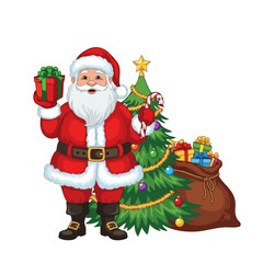 A cheerful cartoon Santa Claus holding a gift, standing by a decorated Christmas tree and a pile of presents.