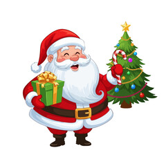 A cheerful cartoon Santa Claus holding a gift, standing by a decorated Christmas tree and a pile of presents.