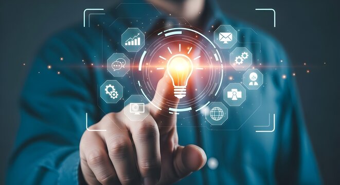 Innovative business solutions man interacting with a holographic lightbulb interface