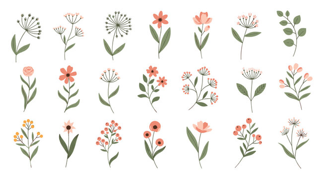 Large collection of delicate hand-drawn wildflowers and botanical branches in soft pastel colors for elegant design projects. - Powered by Adobe