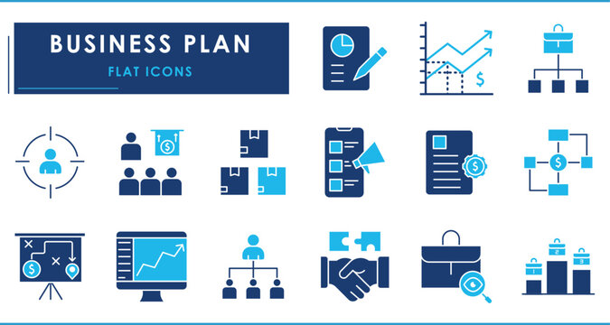 A set of flat icons related to Business Plan. Invest, analyze, product, marketing, strategy, target, financial plan, business model, and so on.