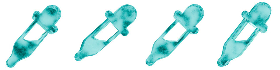 Set of four 3D picker shapes in frosted blue ice glass style, isolated on a transparent background. Glassmorphism icons and 3D elements for modern graphic design.