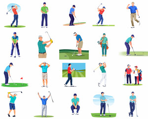 Flat Style Detail Golfer People Playing Golf Sport Activity Set