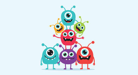 Obraz premium Playful group of seven colorful and cute cartoon monsters with multiple eyes stacked in a cheerful pyramid formation.