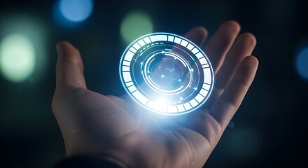 Futuristic technology in hand digital interface and glowing hologram concept