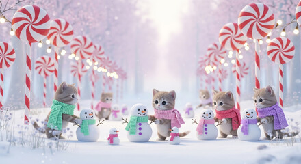 Adorable kittens building snowmen in a winter wonderland with candy cane trees and twinkling lights create a heartwarming holiday scene full of joy