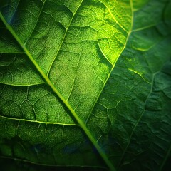 Closeup of a vibrant green leaf showcasing intricate vein patterns and textures, illuminated by sunlight, creating a natural and organic aesthetic