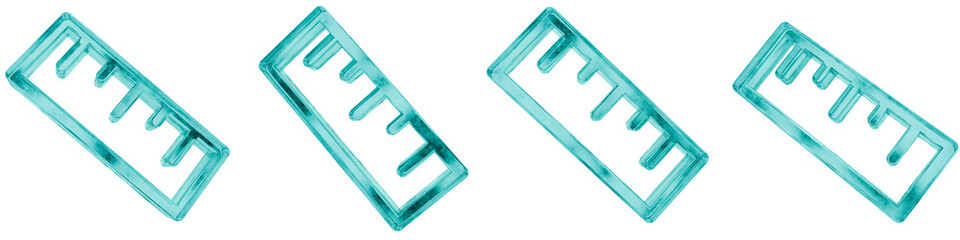 Set of four 3D ruler measurement shapes in frosted blue ice glass style, isolated on a transparent background. Glassmorphism icons and 3D elements for modern graphic design.