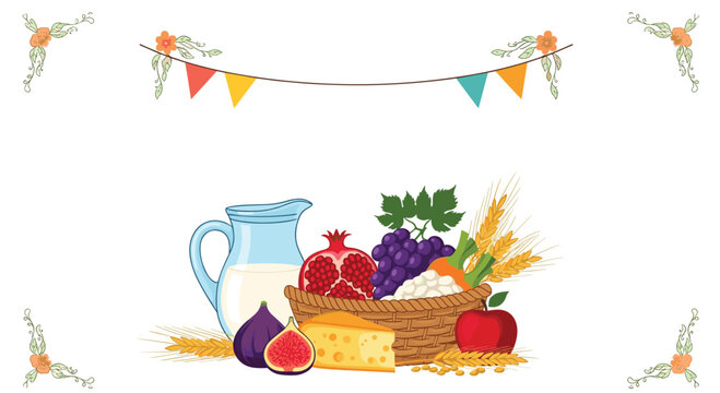Festive Shavuot holiday illustration with a basket of first fruits cheese and wheat under a colorful bunting banner.