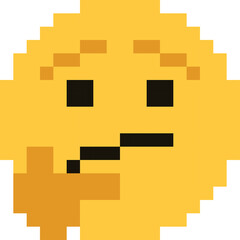 Pixelated Yellow Emoji Face Expressing Confusion With Hand On Chin On Transparent Background