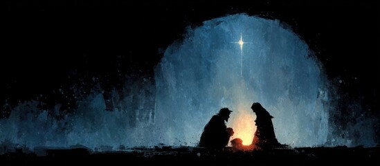 Figures in silhouette kneel before a fire under a starry sky