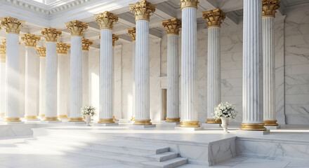 Naklejka premium Grand hall interior with numerous white marble columns and golden capitals, bathed in natural light