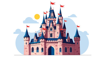 Naklejka premium Majestic fairytale castle with tall blue spires and pink walls under a bright sun and clouds in a fantasy kingdom setting.