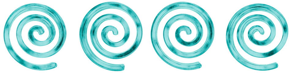 Set of four 3D spiral shapes in frosted blue ice glass style, isolated on a transparent background. Glassmorphism icons and 3D elements for modern graphic design.