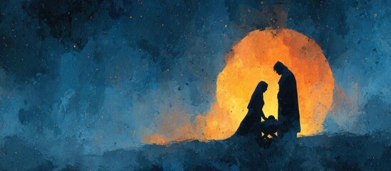 Silhouetted figures in front of glowing sphere, against starry blue backdrop