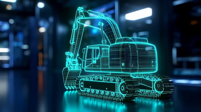 Wireframe excavator in neon blue light