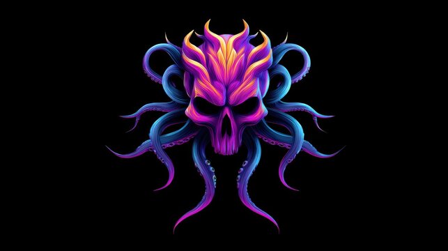 Vibrant neon skull and octopus tentacles