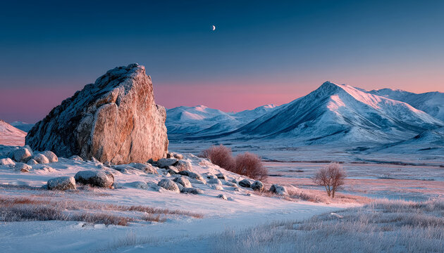 Serene winter landscape with snow-capped mountains and a large boulder under a twilight sky