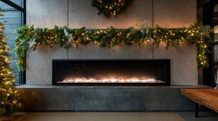 Cozy modern interior featuring a sleek electric fireplace with glowing embers, adorned with greenery and twinkling lights, perfect for winter gatherings and festive atmosphere