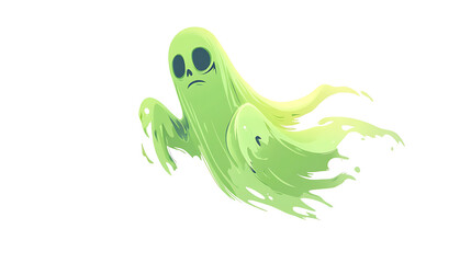 A green ghost of a melancholy adult man floating mid-air, full body, isolated on a transparent background	