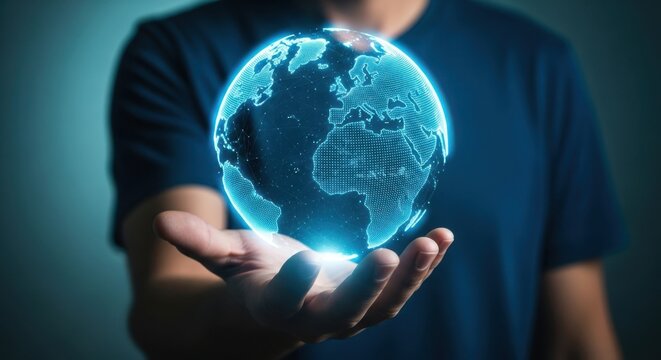 Digital Earth Globe in Human Hand Represents Global Connection