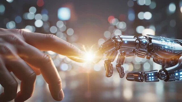 The video shows a human hand reaching for a robot arm. In the place where their fingers are about to touch, there is a bright light or energy effect. The background is blurred and resembles an urban l