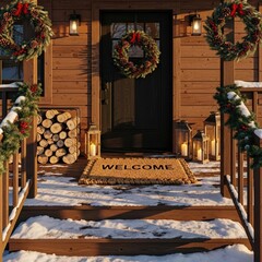 Obraz premium A cozy wooden cabin's front porch decorated for Christmas with wreaths, garlands, and lanterns in the snow.