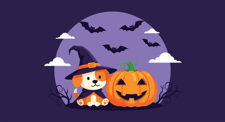 Charming Halloween illustration of a cute puppy in a witch costume sitting next to a smiling jack-o-lantern at night.