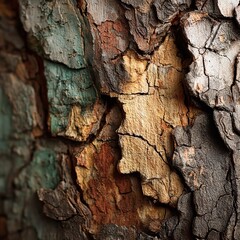 Closeup of the intricate bark of a tree, showcasing its unique texture, colors, and patterns, creating a natural and organic abstract design, perfect for backgrounds