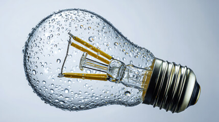 Clear light bulb covered in water droplets laying on its side against a gray background showcasing intricate filament details and metallic base reflections