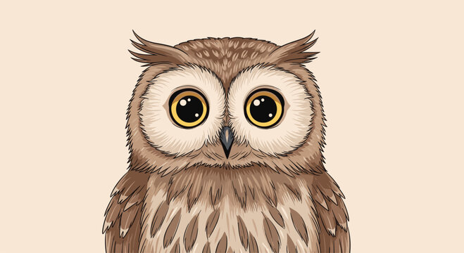 Beautifully detailed portrait illustration of a cute owl with large expressive golden eyes looking directly at the viewer.