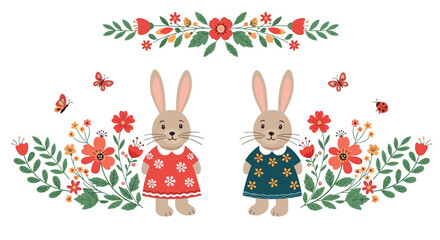 Charming spring illustration set with two cute bunnies in dresses surrounded by beautiful red and yellow floral arrangements.